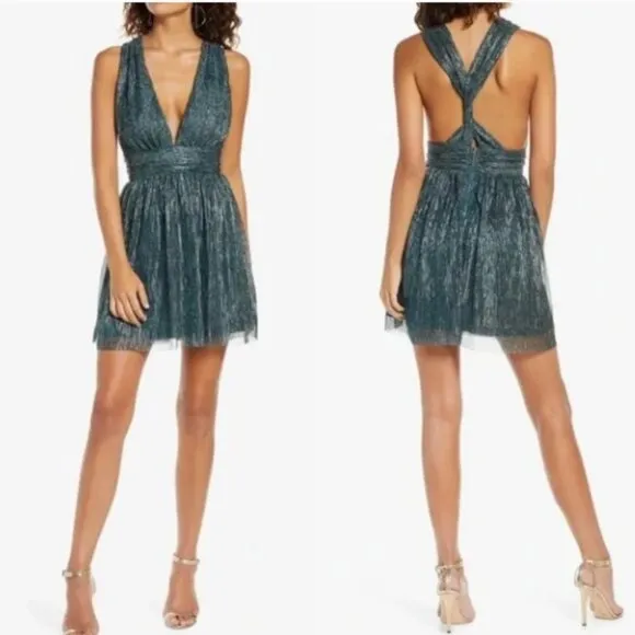 121. LULU'S Ailey Metallic Stripe Twist Back Cocktail Dress in Gold/ Teal - Image 2