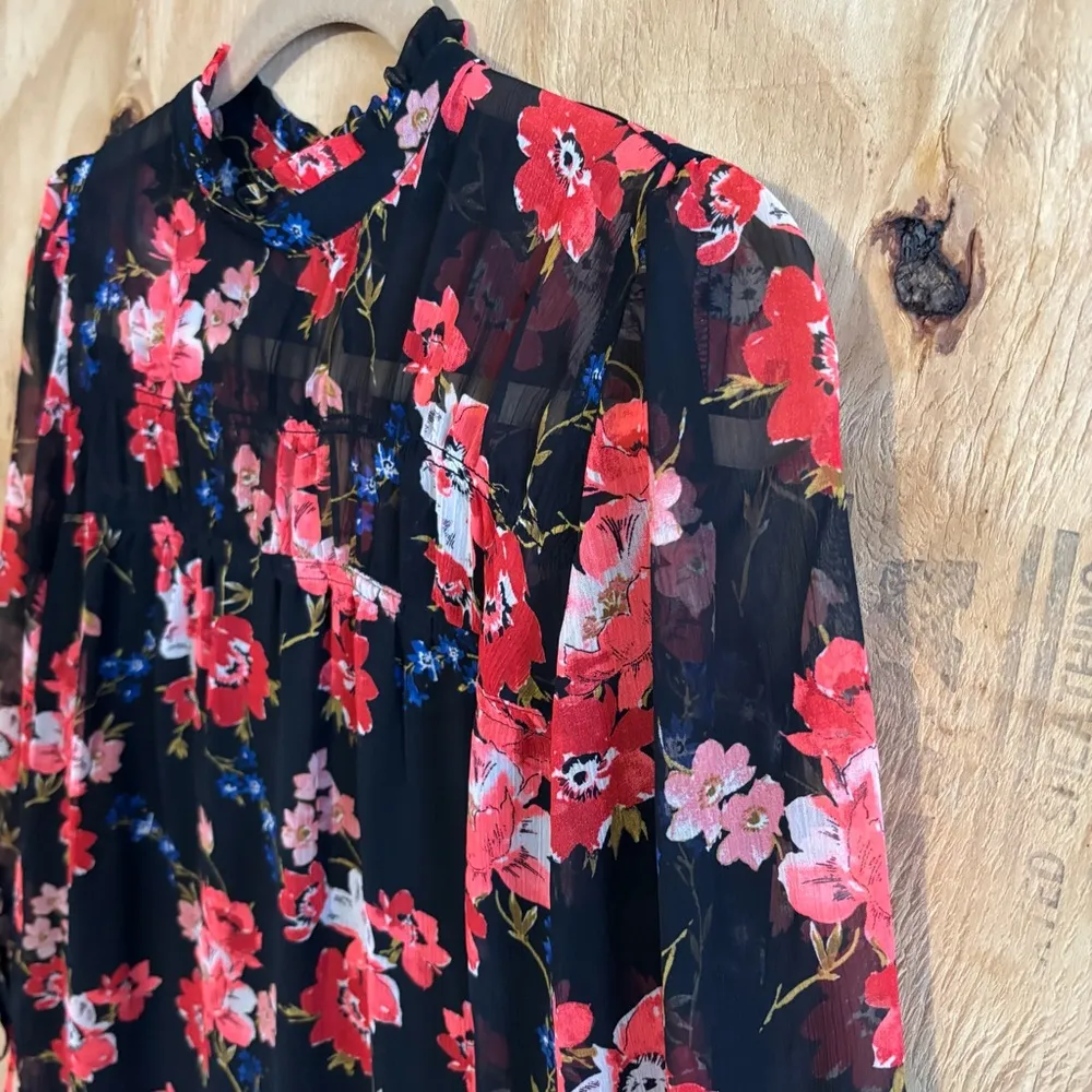 Express Floral Shift Sheer Ruffle Sleeve Mock-Neck Boho Sz M - Image 3