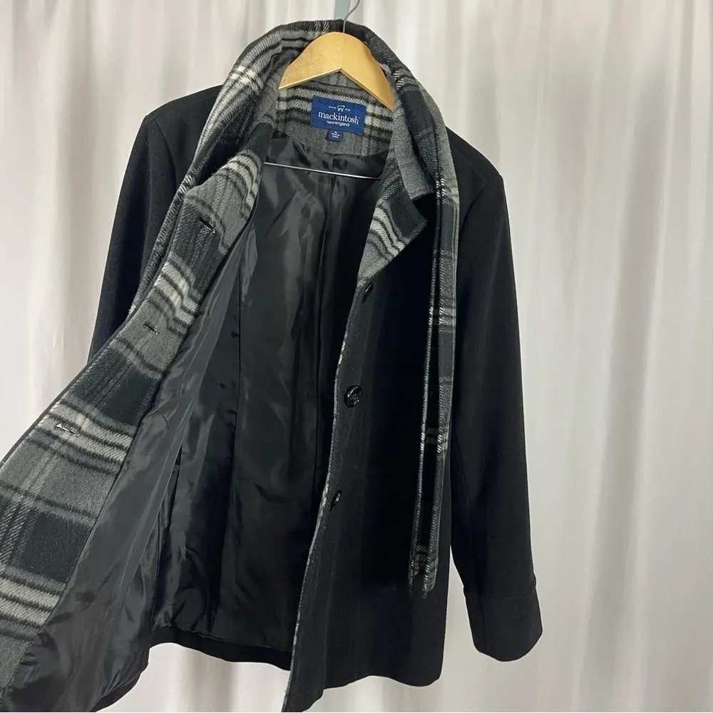 Mackintosh XL Wool Plaid Scarf Belted Longline Pea Coat Winter Warm Fleece Black - Image 5