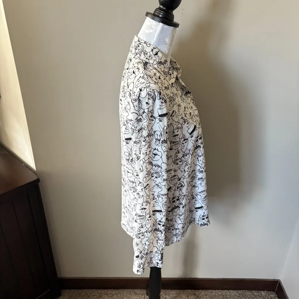 Le Caviar Womens Vintage People Print Blouse Long Sleeve Rare Small Shoulder Pad White - Image 3