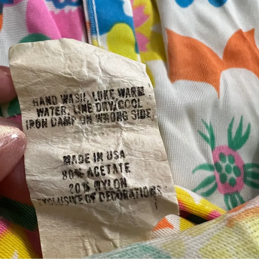 Vintage 60s Floral Maxi Dress Belted Hostess Lounge Dress Size 12 Pink - Image 9