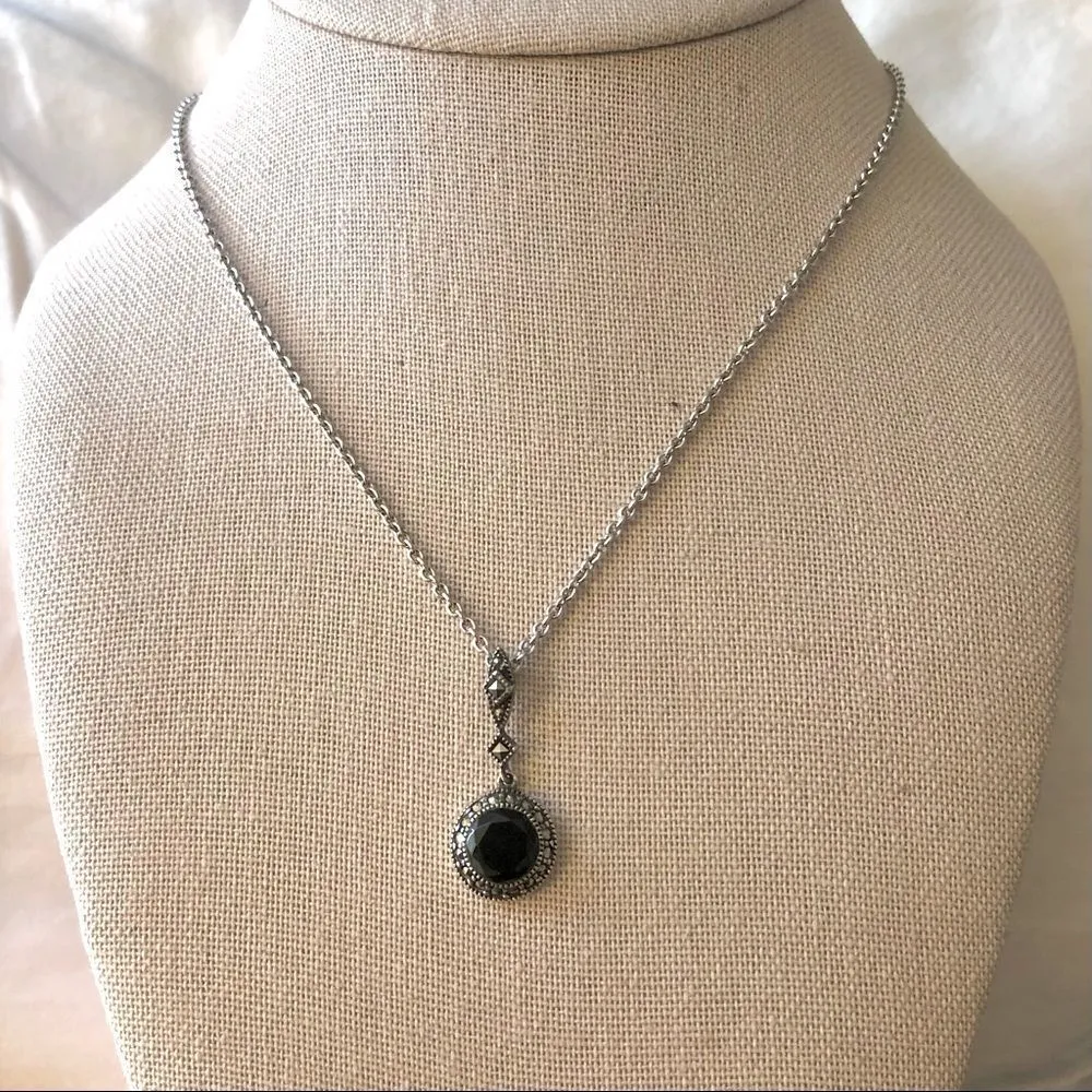 JUDITH JACK Onyx Marcasite Round Pendant and Sterling Silver 925 Necklace - Image 7