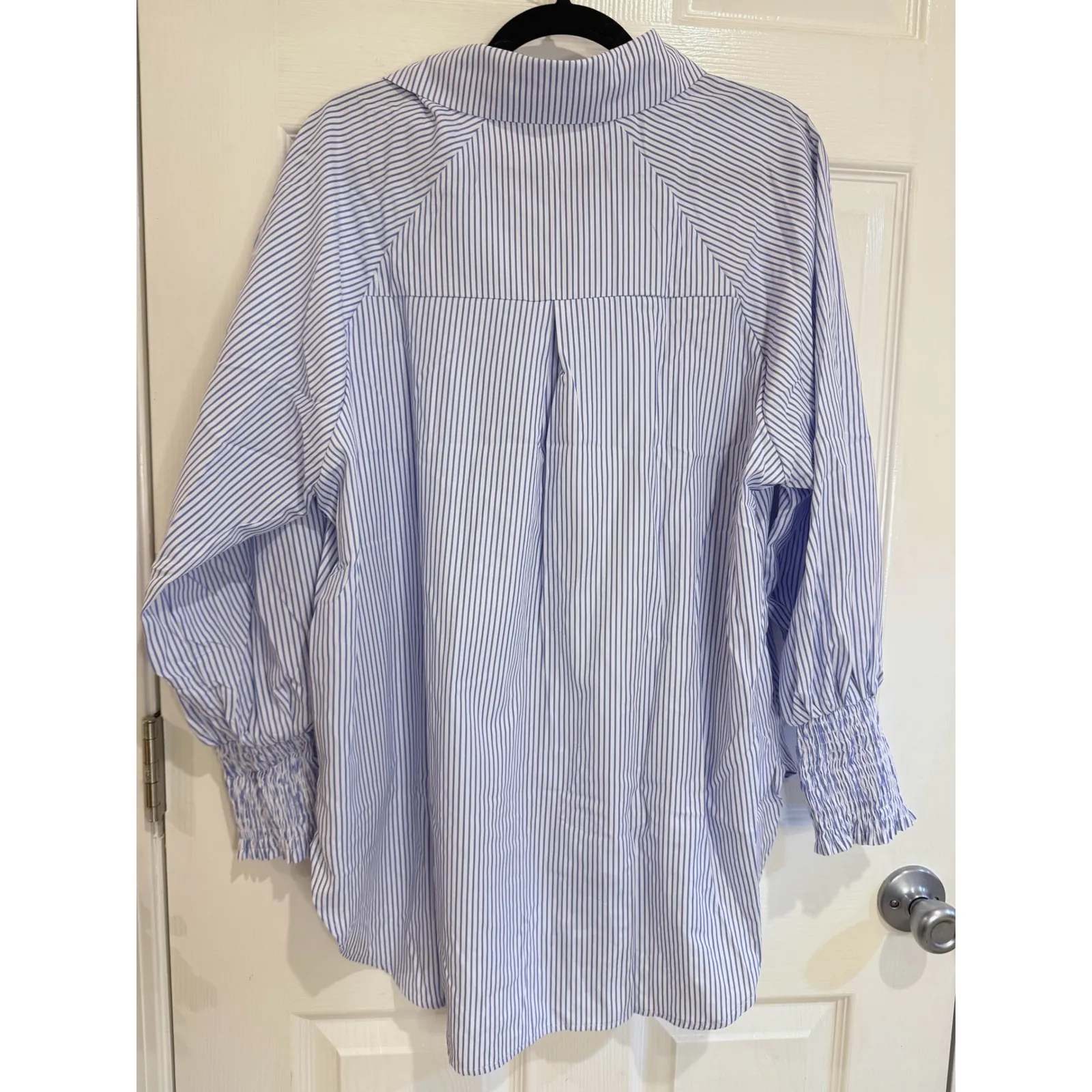 ASVIVID Striped Oversized Shirt Smocked Cuffs Button Down‎ Top Large Blue - Image 5