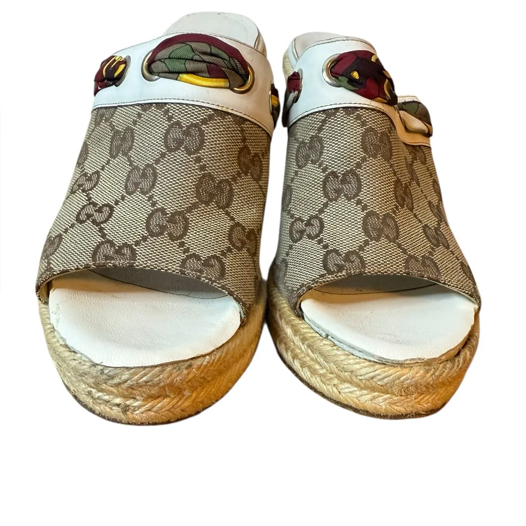 Gucci GG Canvas Espadrille Peeptoe Wedges - Image 4