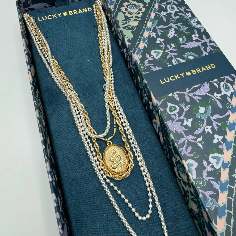 Lucky Brand Drama Layer Necklace Two Tone Gold & Silver Tone Snake Pendant - Image 3