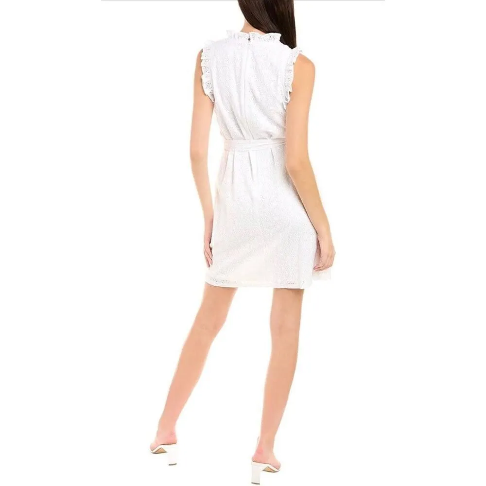 London Times White Eyelet Ruffled Neck and Armhole Mini Dress with Waist Tie - Image 4