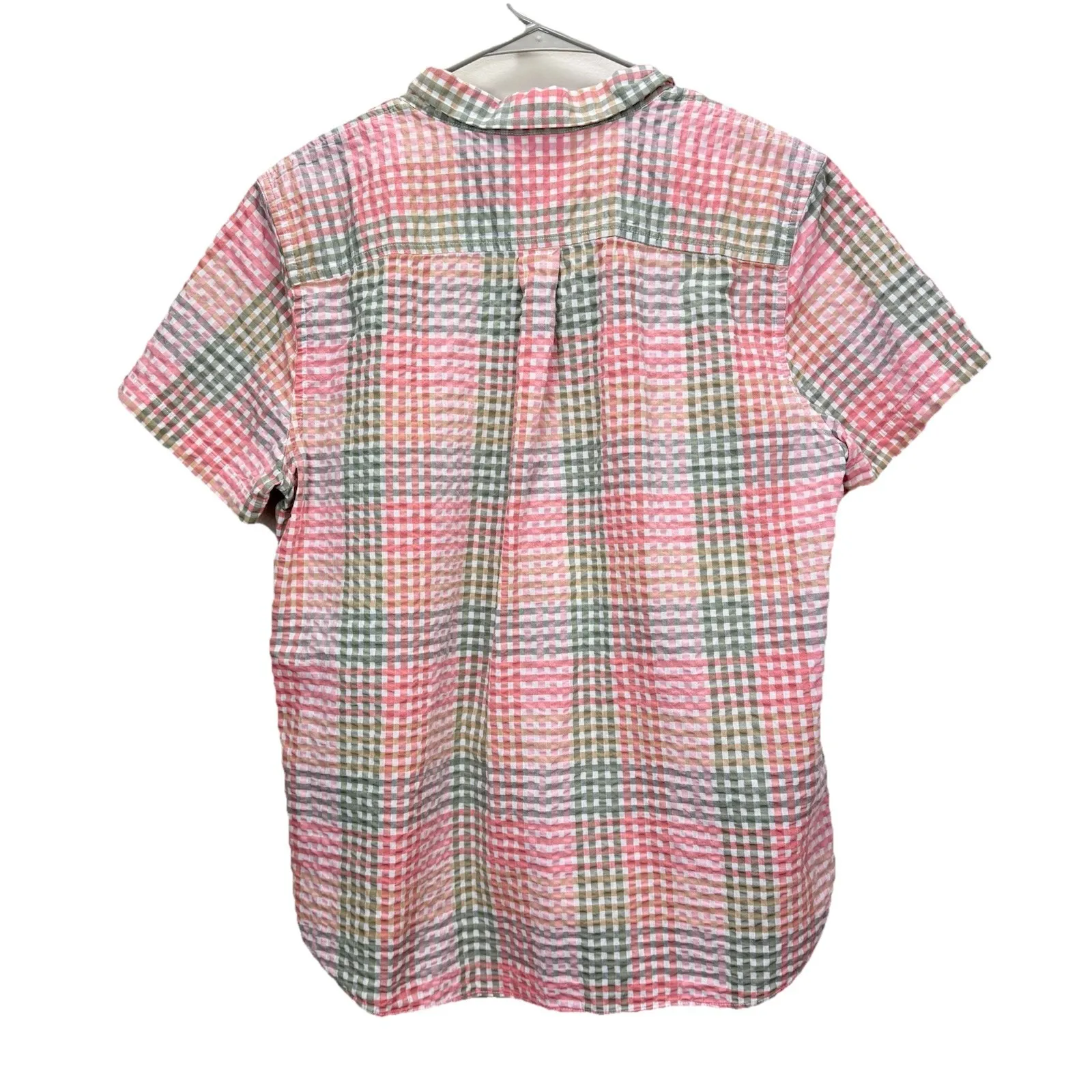 LL Bean Vacationland Seersucker Short Sleeve Popover Plaid Shirt LARGE - Image 9