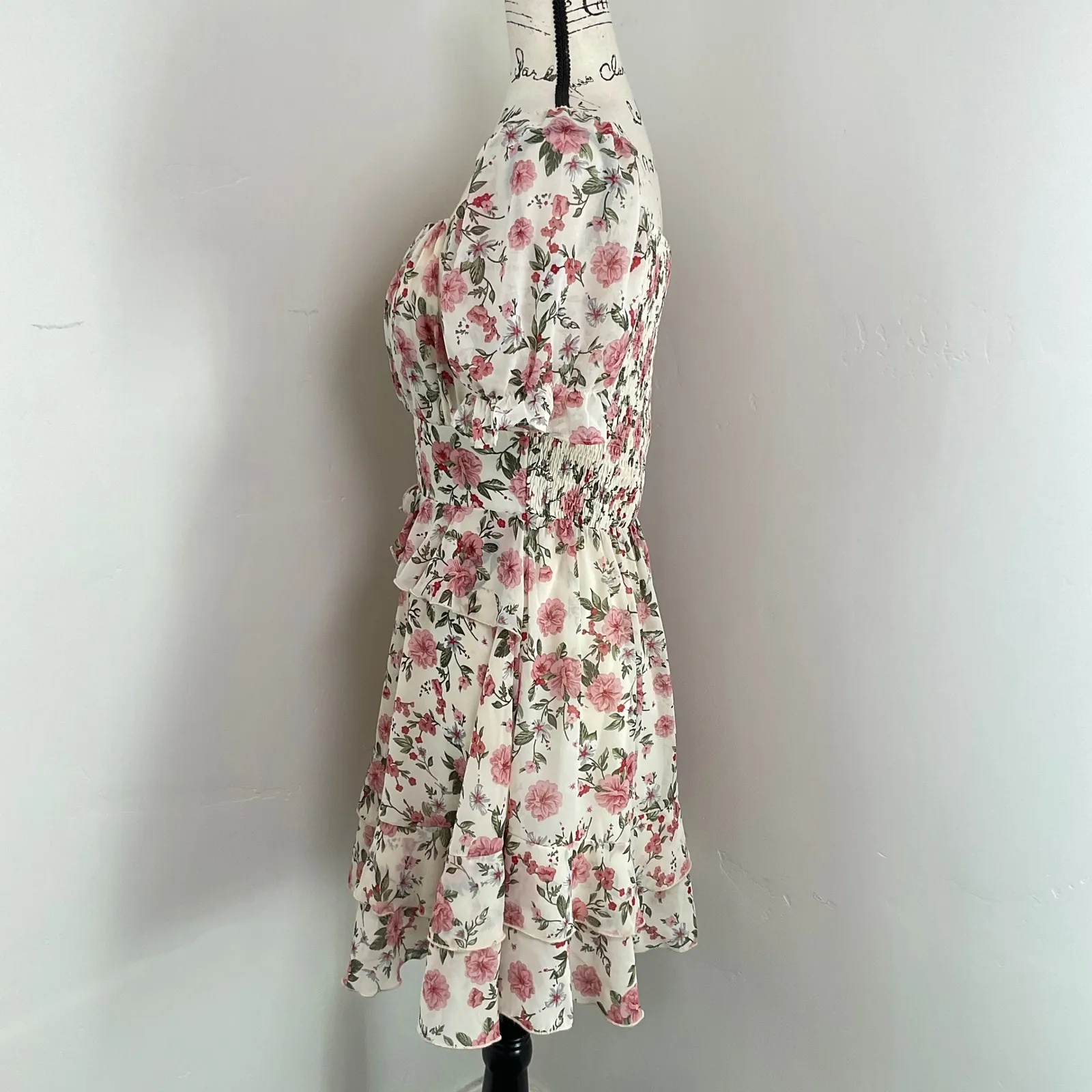 Cream Floral Print Puff Sleeve Square Neck Ruffle Tiered Mini Dress M Pink Size M - Image 3
