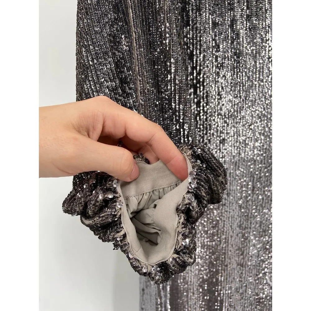 Alice + Olivia Anne Silver Gray Sequined Crepe De Chine Wrap Midi Dress Size 10 - Image 5