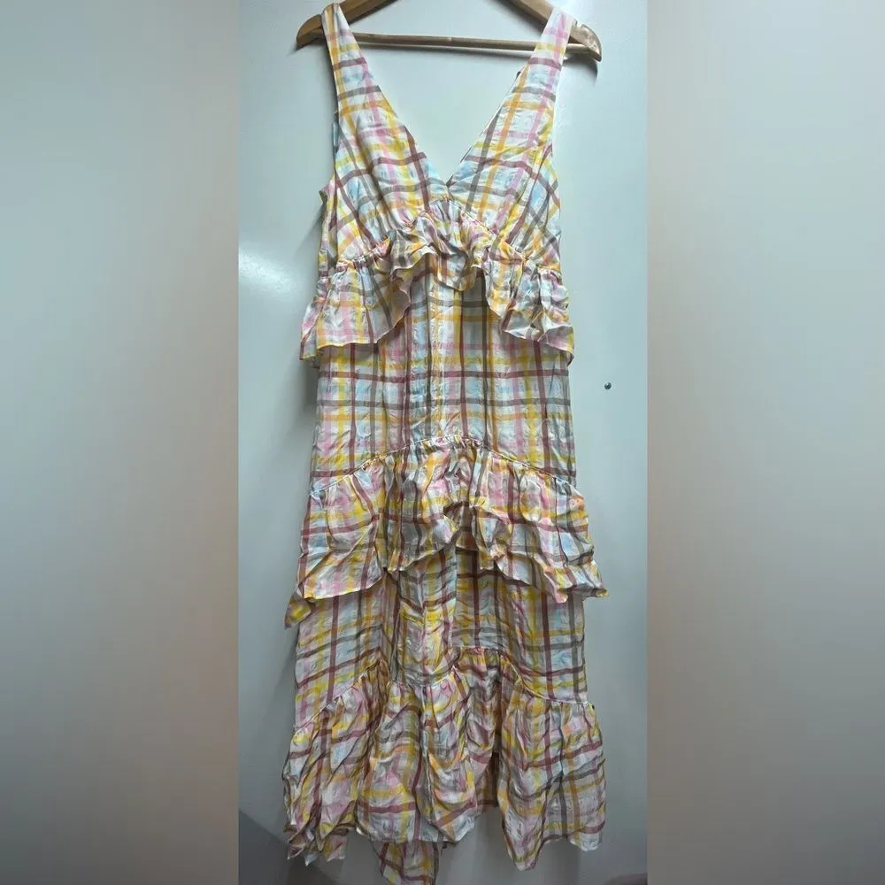 cinq a sept Astor Tiered Ruffle Midi Dress Pastel Plaid Womens Size 4 - Image 4