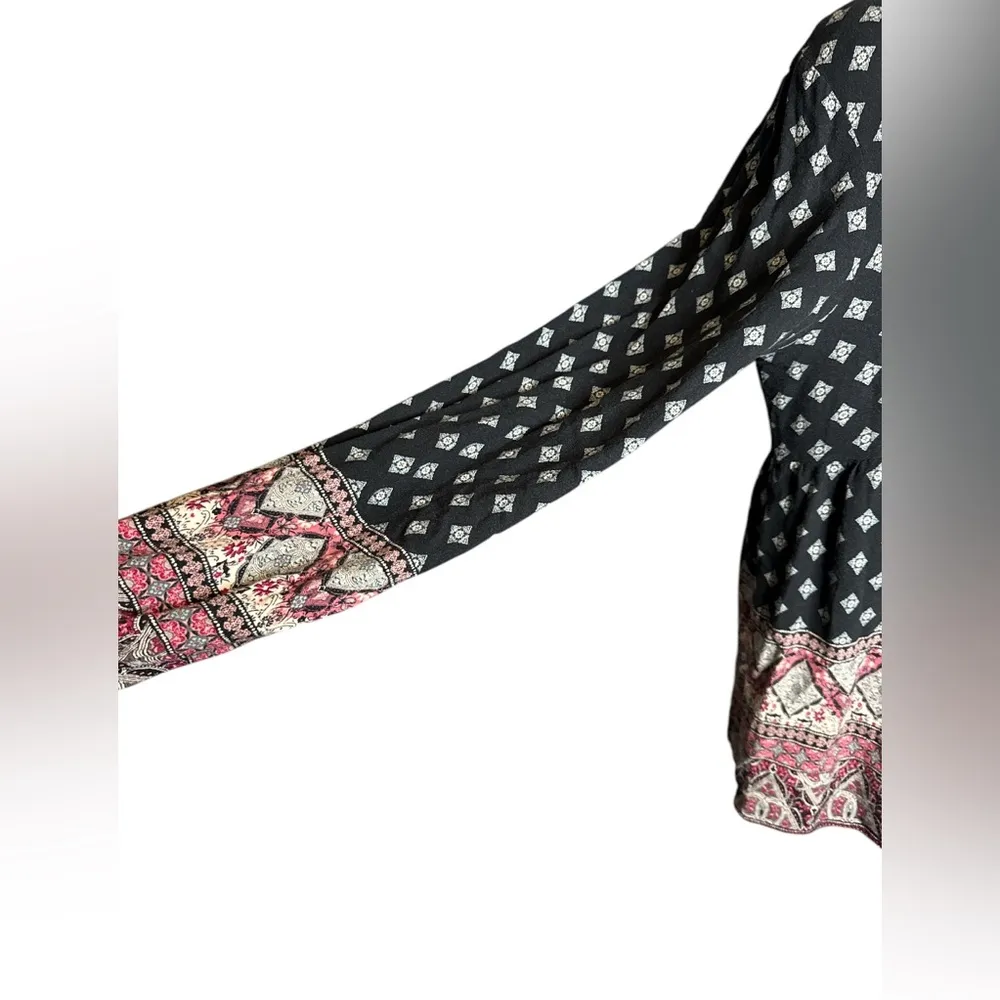 Artesia Boho Long Sleeve Floral Empire Waist Top Black Pink Size XL - Image 2