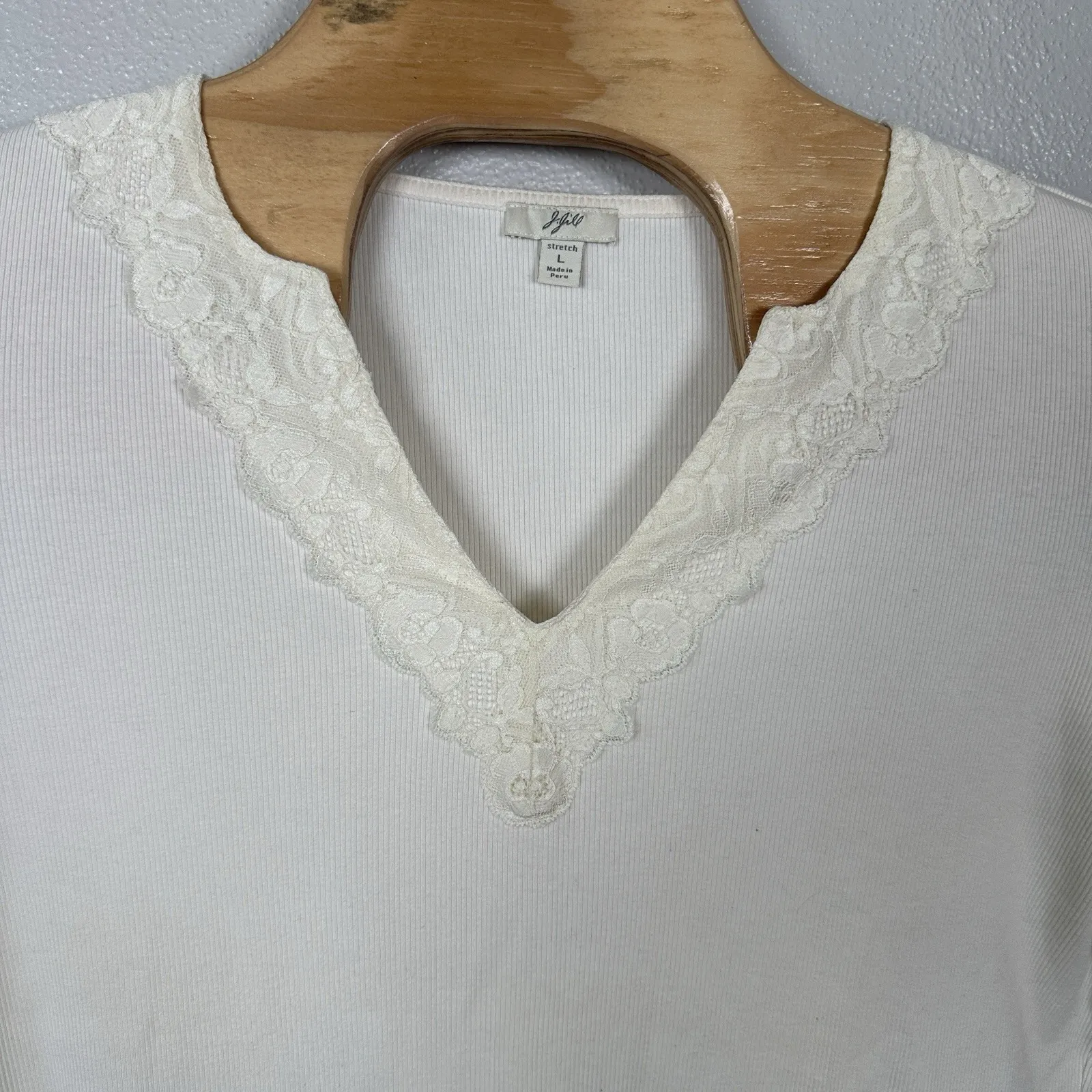 Vintage Y2K J Jill Long‎ Sleeve Ribbed Top Womens Large Ivory Lace Trim Stretch - Image 2
