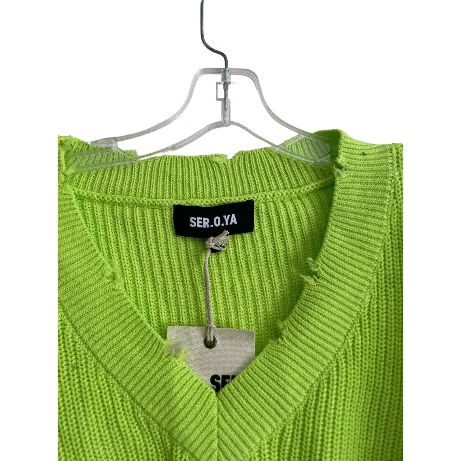 NWT SER.O.YA Syd‎ Sweater Women Size Medium Neon Green Distressed Grunge V - Image 5