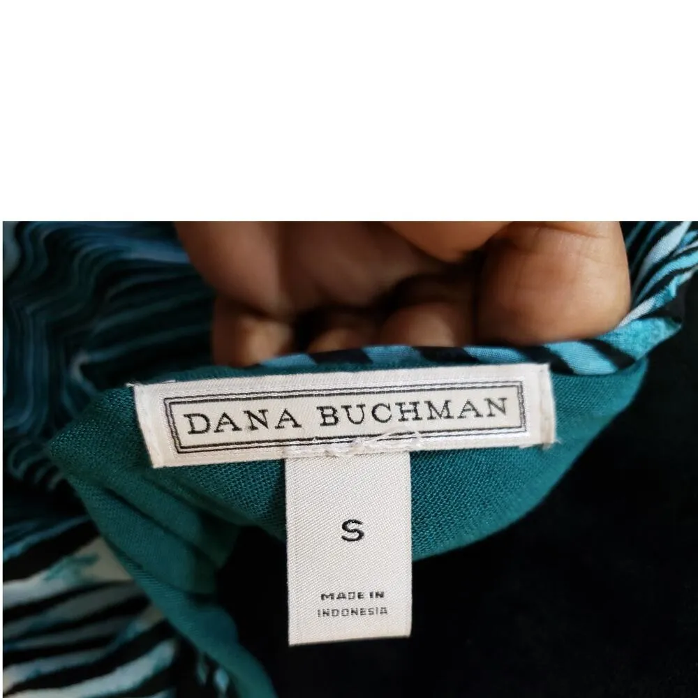 Dana Buchman Blouse Women S Teal Black White Abstract Print Sheer Overlay Top - Image 12