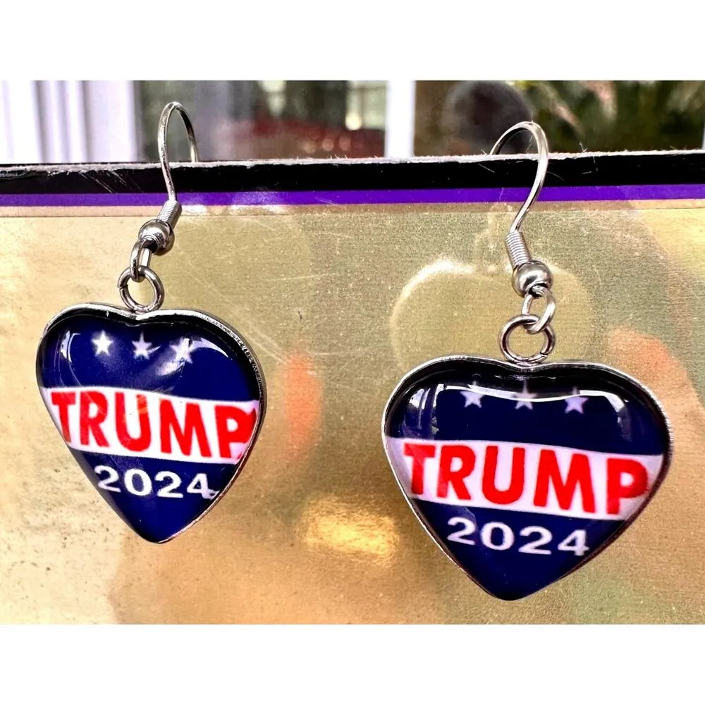 Trump 2024 MAGA Earrings Patriotic New Heart Shaped Dangle Hooks Electi… Blue - Image 4