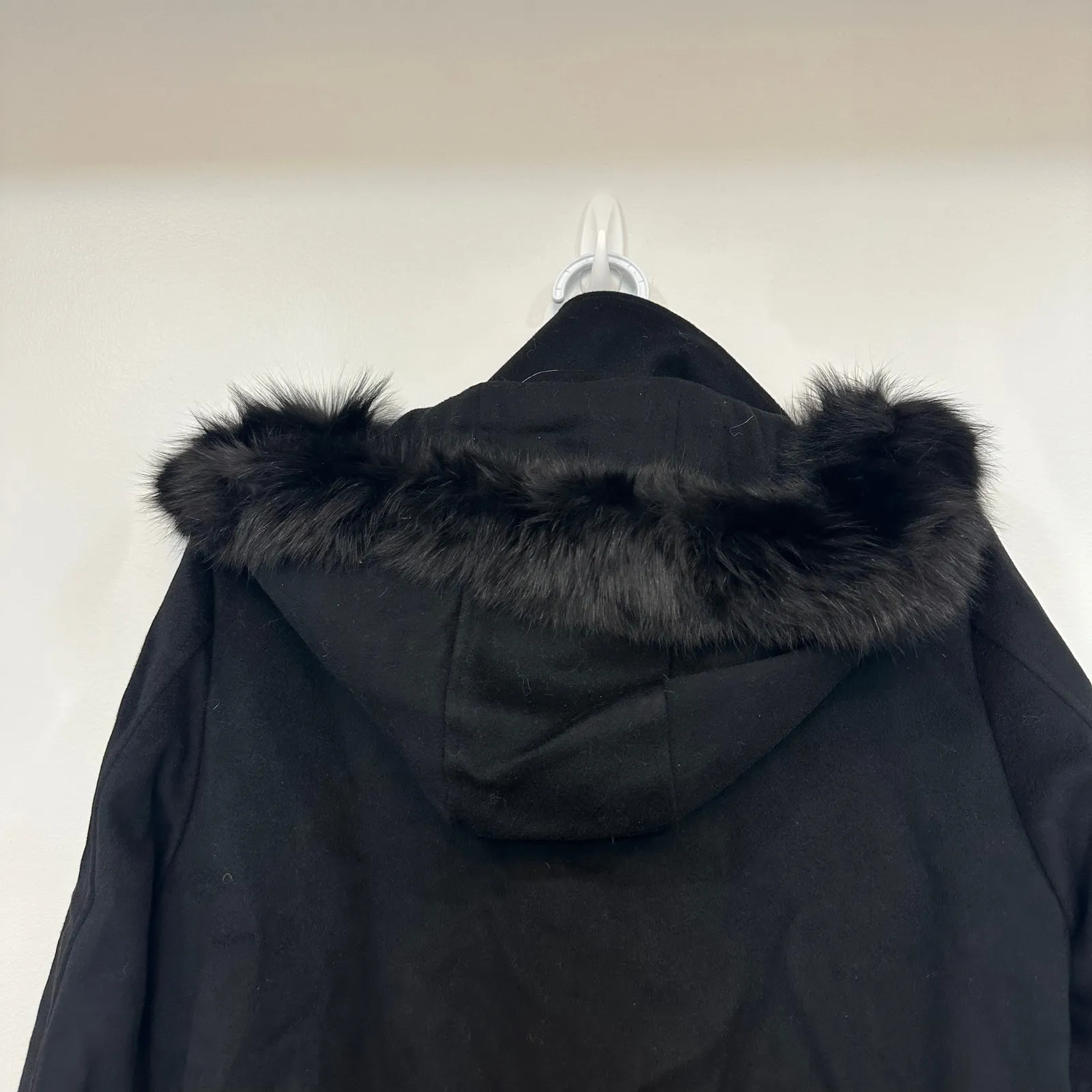 Heresis Womens Jacket 44 100% Wool Hood Faux Fur Outerwear Zip Button Italy Black Size 8 - Image 12