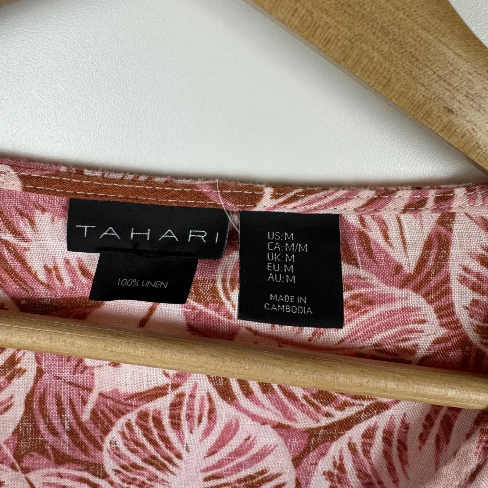 Tahari 100% Linen Floral Blouse Medium Pink Botanical Leaf Boho‎ Cottage Resort - Image 5