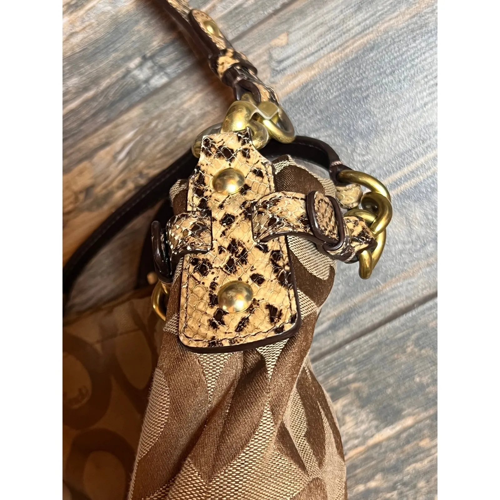 Coach Op Art Hobo Shoulder Bag Brown Gold Snakeskin Y2K Slouchy Canvas  15027 - Image 5