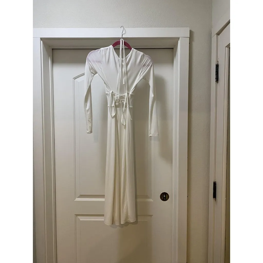 AYM Taylor Dress Womens XS White Long Sleeve V Neck Maxi Bodycon Open Back Party - Image 4