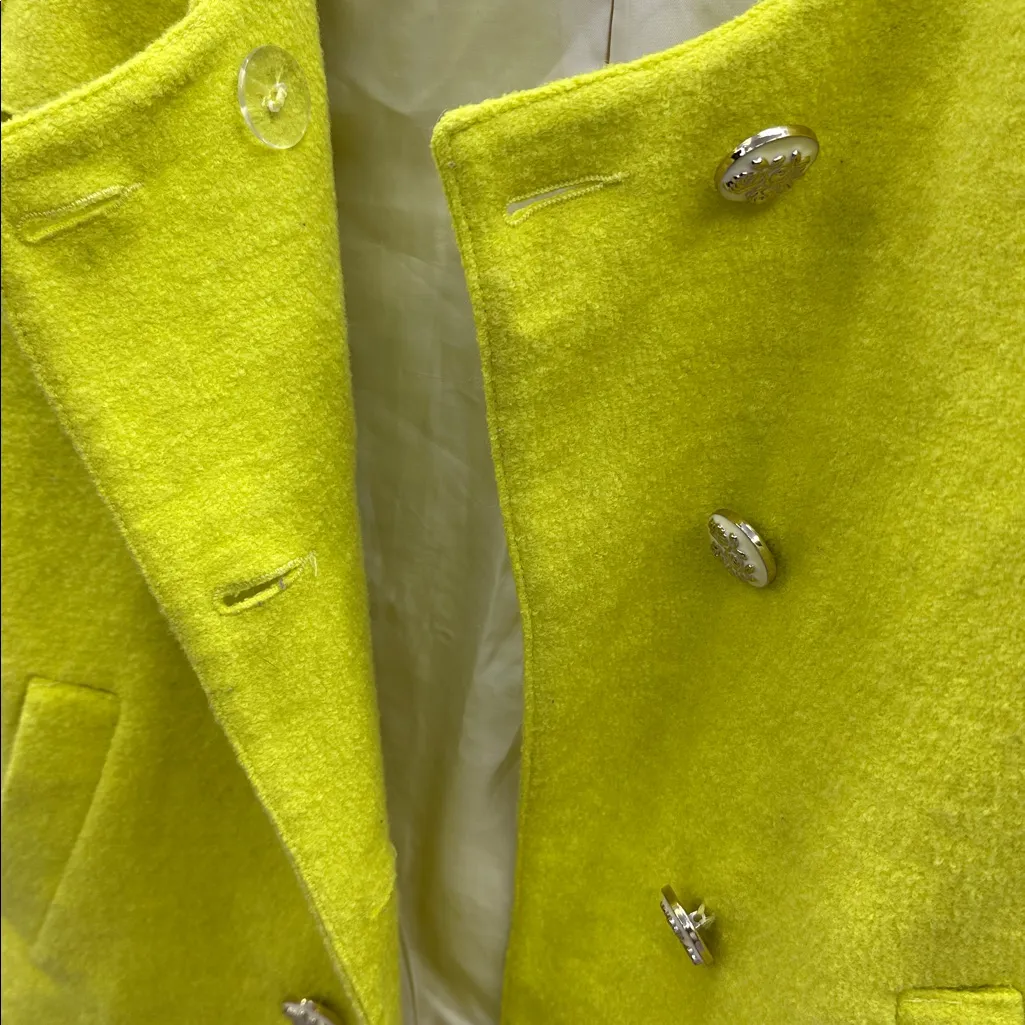 Vintage Wool Blend Yellow Chartreuse Coat Removable Button Off Lace Trim Medium - Image 9
