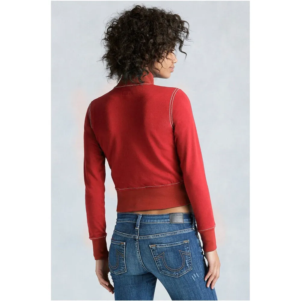 New NWT Womens Designer True Religion Big T Sweat Jacket Terry Red White Zip XS - Image 3