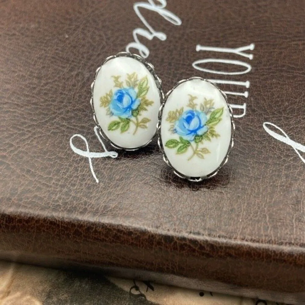 Handmade Vintage Porcelain Floral Cabochon Earrings Stainless Steel Cottagecore White - Image 7