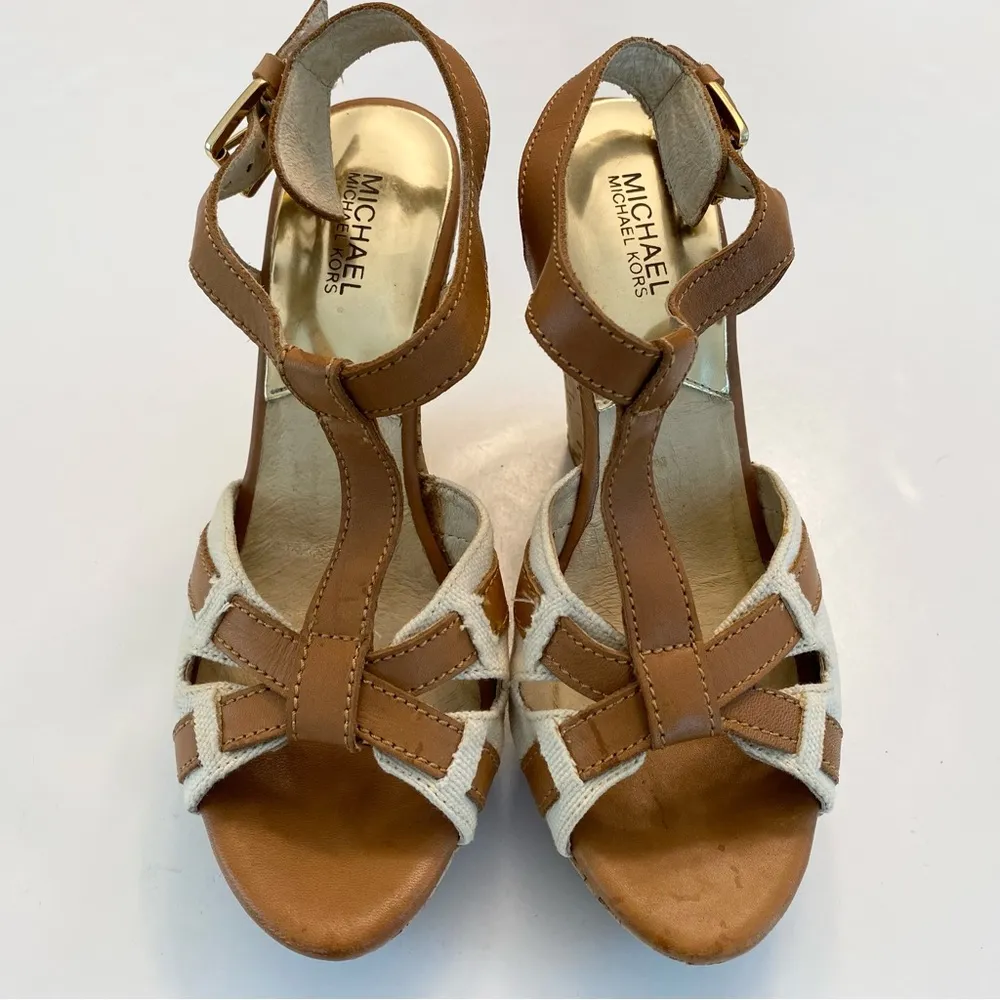 Michael Kors Melody Wedge Leather Canvas Platform Sandals Peanut Tan Sz 9 Resort - Image 5