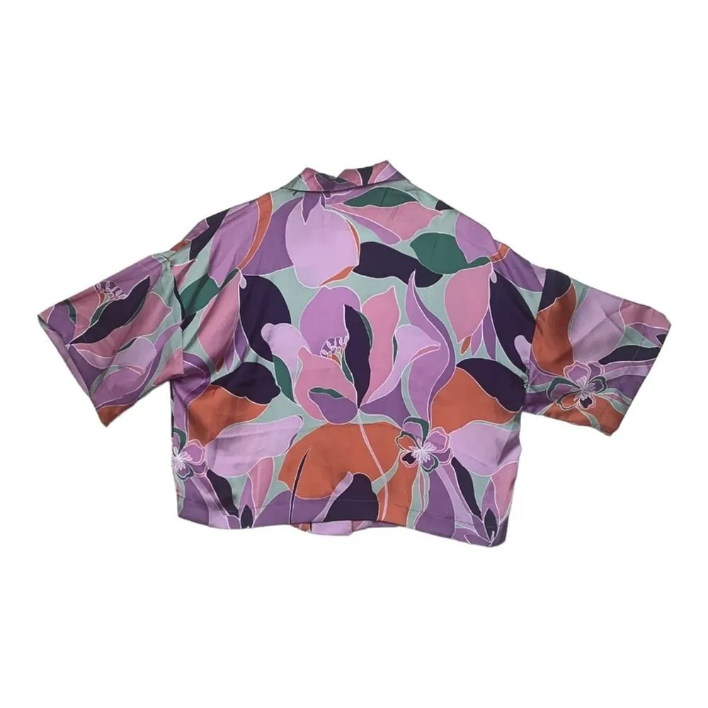 Mittoshop womens large crop button up shirt short sleeve floral multicolor brigh - Image 10