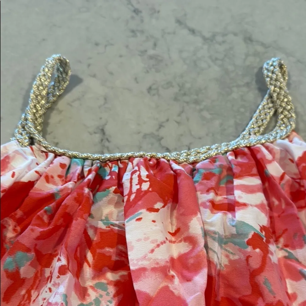 Kaktus Floral Red and Pink Flowy Women's Dress with Gold Braided Trim size Med Orange - Image 4