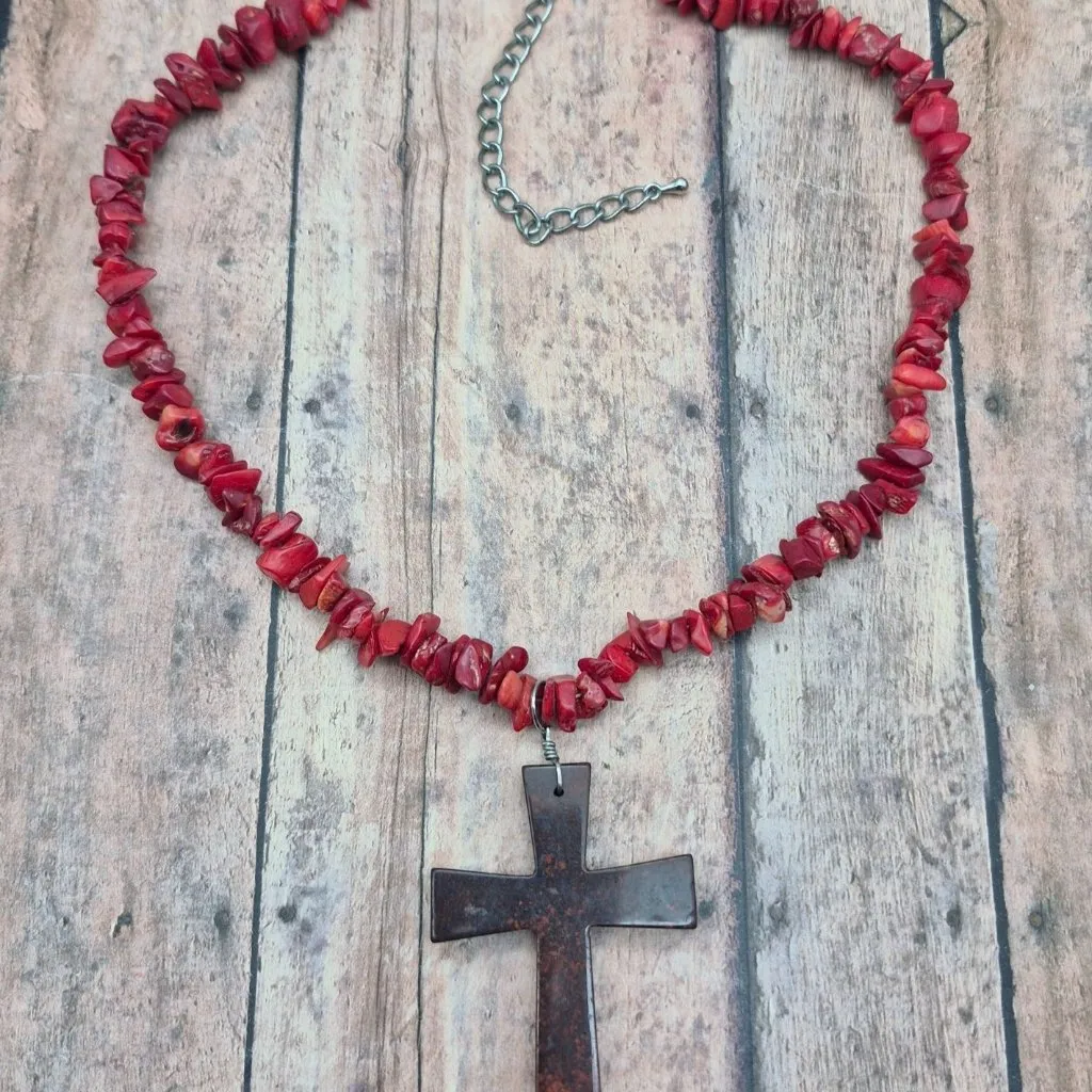 Artisan Red Chip Stone Pendant Necklace Large Jasper Stone Cross Whimsey Goth We - Image 8