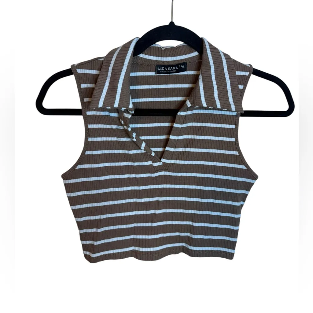 Liz & Sara Brown Striped Preppy Collar Cropped Top Size M - Image 2