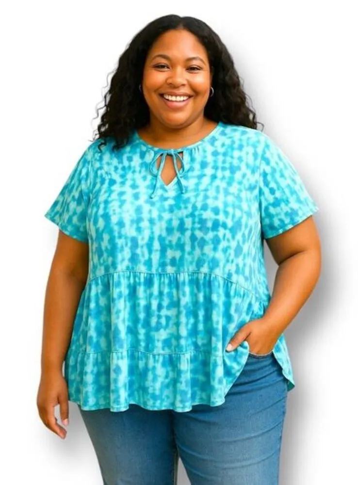 Terra & Sky Blue Tie Dye Tiered Peplum Blouse Tiered Cotton Boho Cottagecore 3X - Image 1