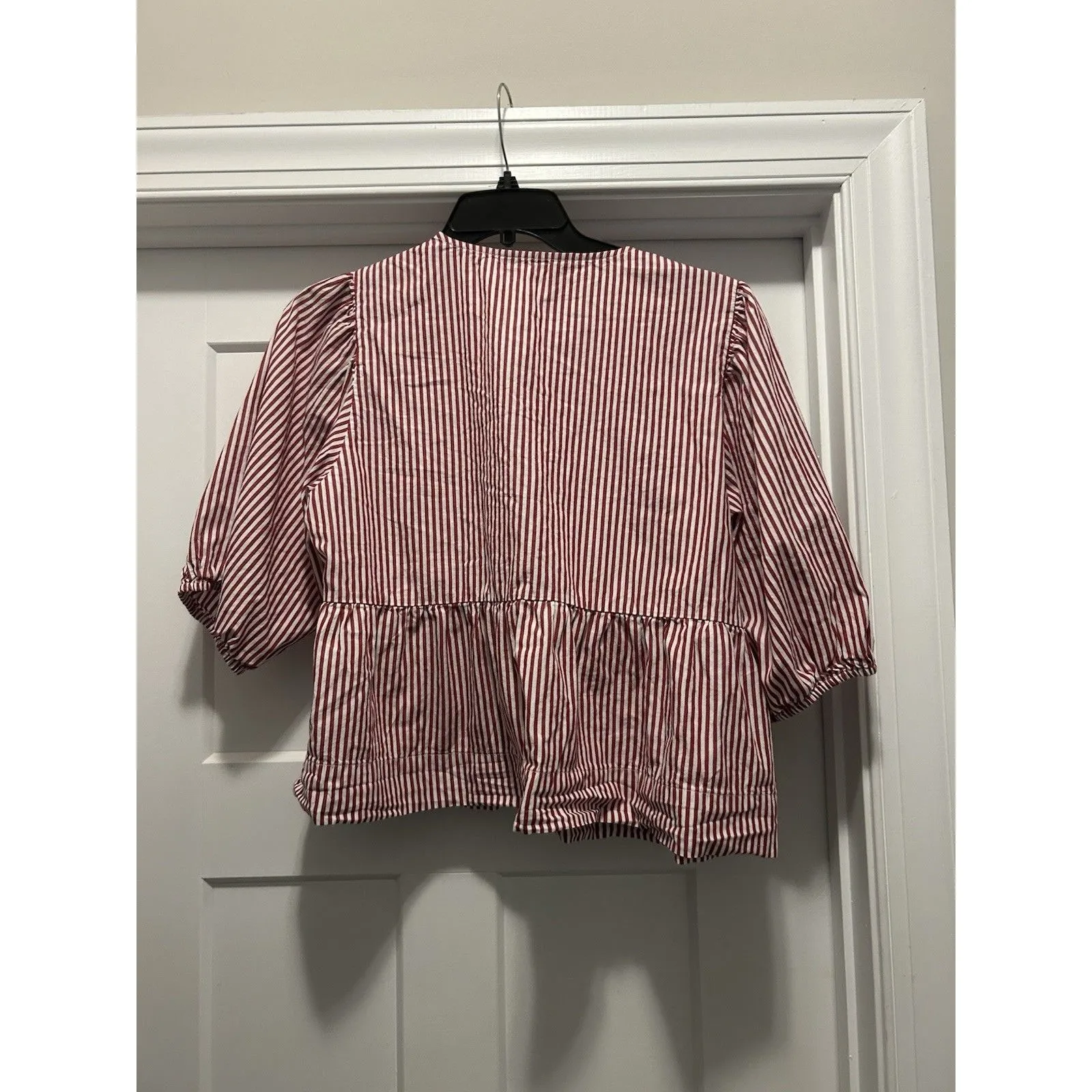 Red Pinstriped Ruffle Popover Top Bow Front Game Day Preppy Cottagecore Size XL - Image 5