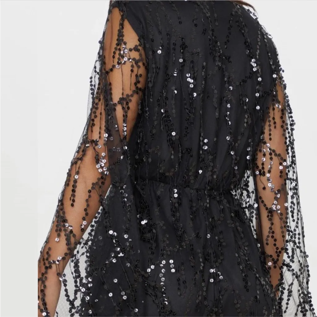 PrettyLittleThing Black Sequin Fringe Long Sleeve Playsuit Romper Size 10 - Image 2