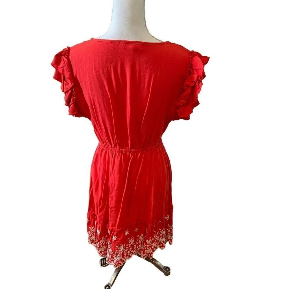 ✨Solitaire Summer Eyelet Casual Short Sleeve Ruffle Detail Sz M Dress Coral✨ - Image 3