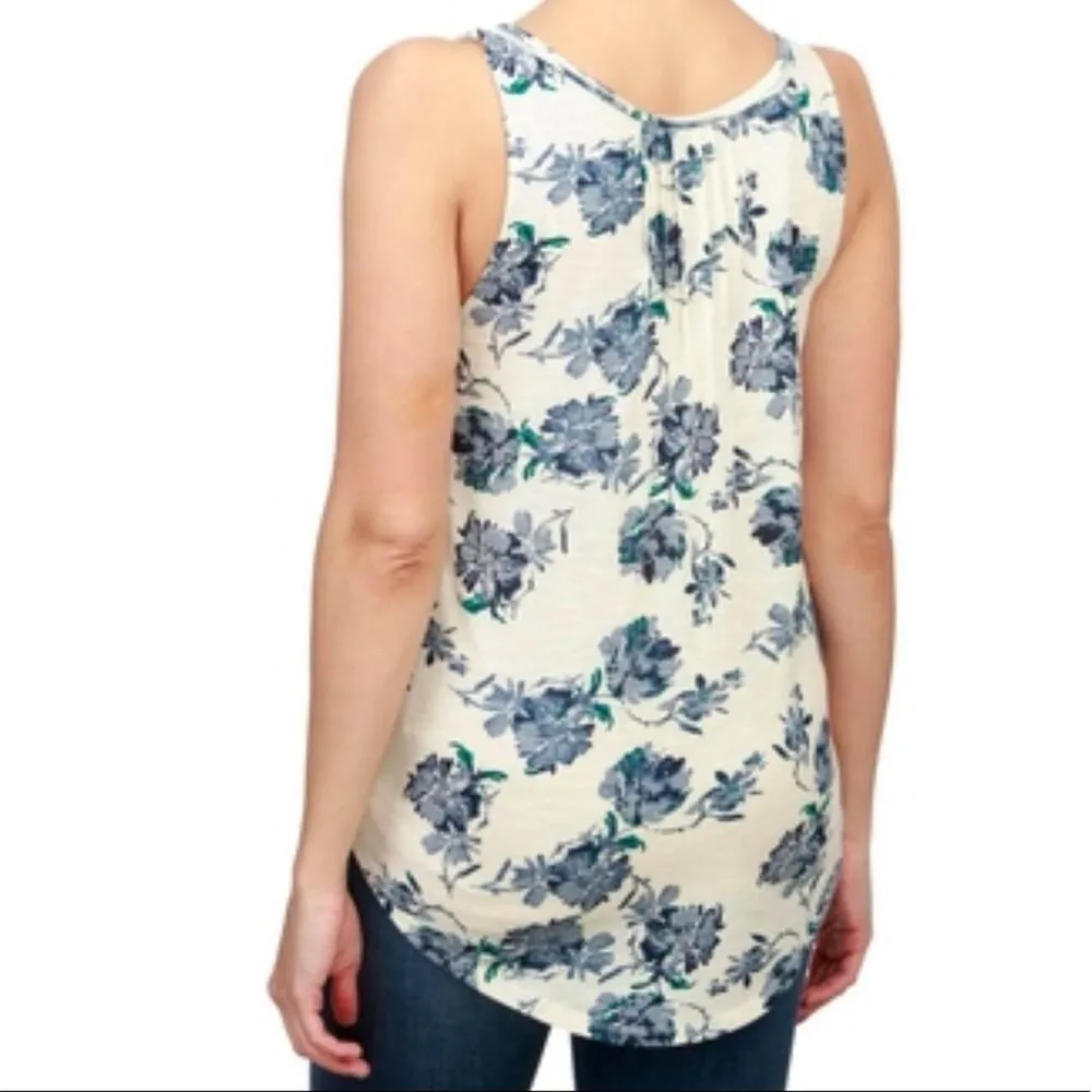 Lucky Brand Women's Blue/White Floral Lace Trim Pin Tuck Button Front Tank sz XS - Image 2
