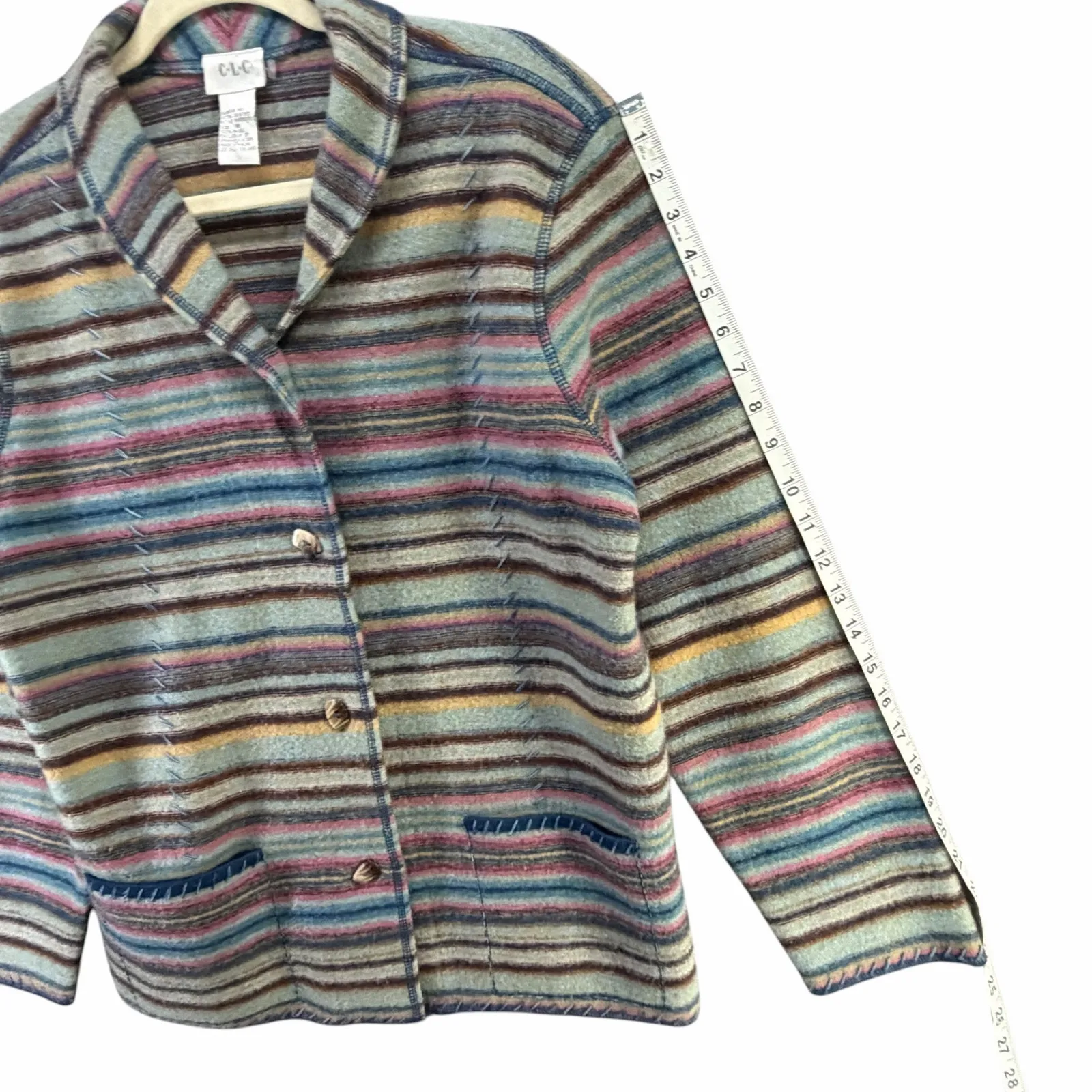 Vintage CLC Wool Sweater Jacket M Rainbow Stripe Shawl Collar Eclectic Boho Blue Size M - Image 8