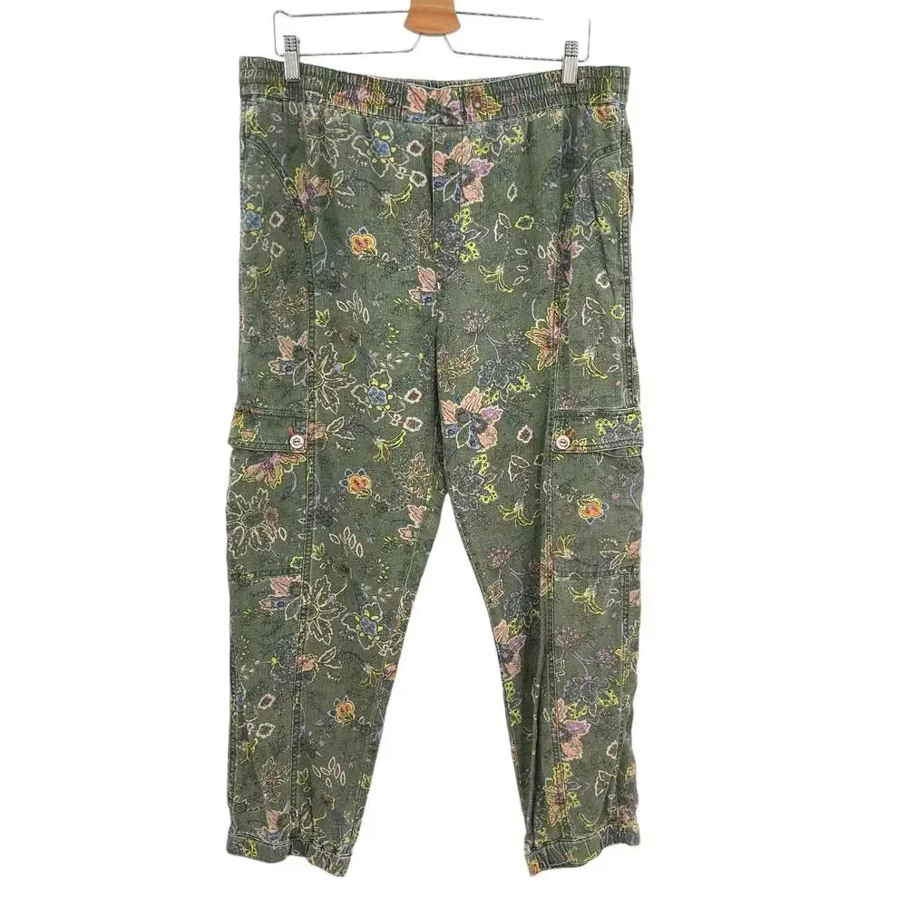 Anthropologie Classic Seamed Joggers Pants Floral Linen Blend‎ Green Size Large - Image 3