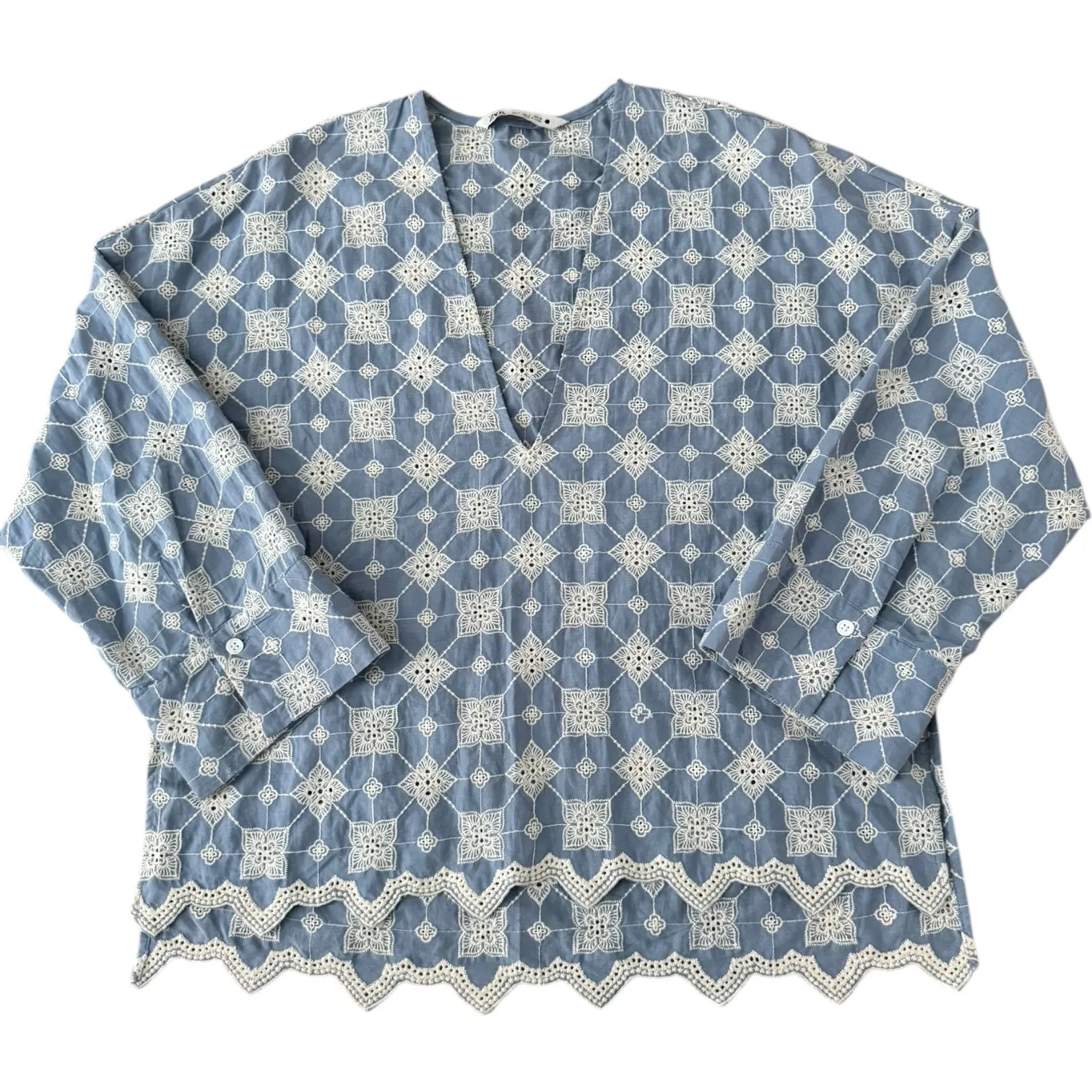 Zara Floral Embroidered Retro V-Neck Long-Sleeved high low top cotton small - Image 4