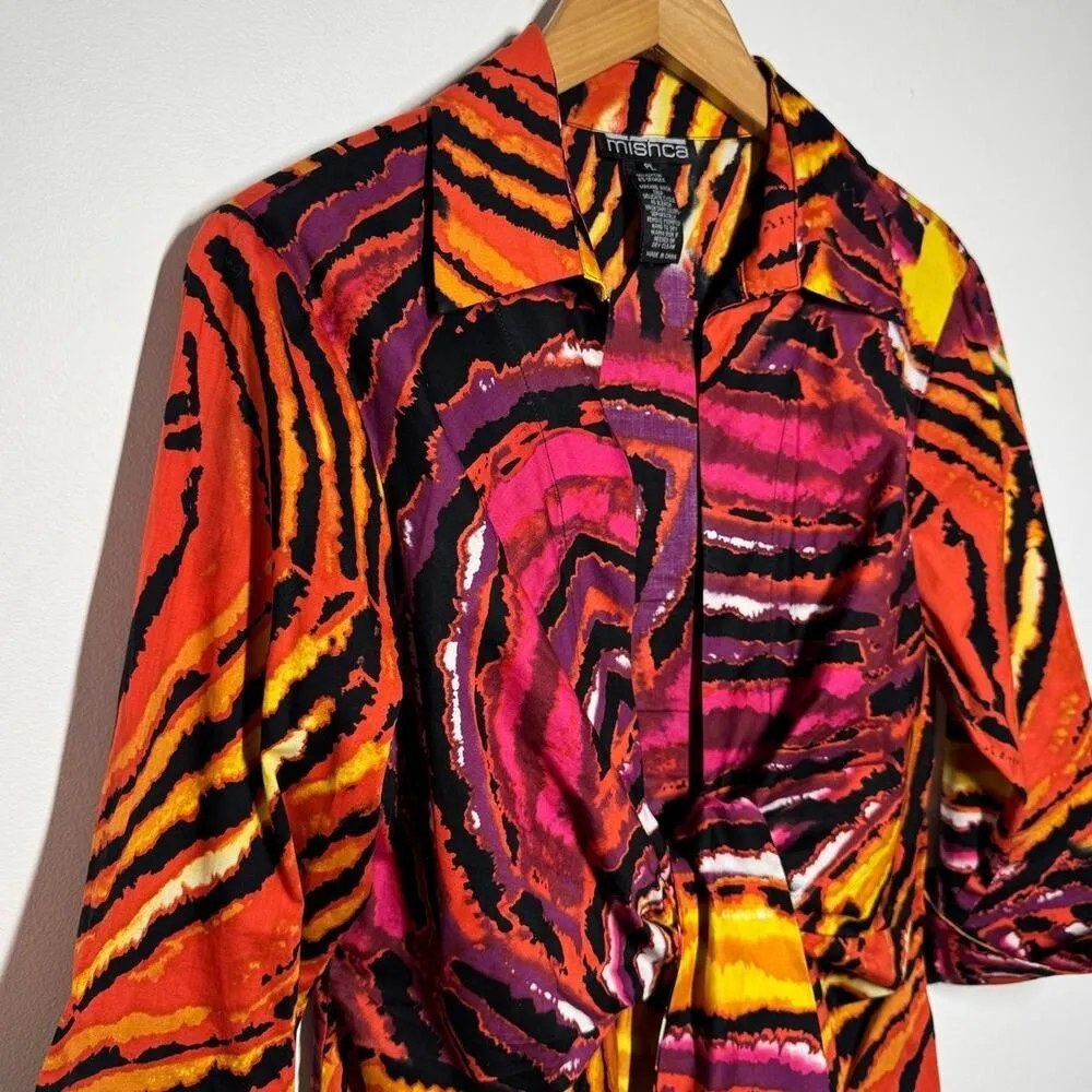 Mishca Top Women LP Orange Pink Abstract Mixed Print Tie Front Cotton Shirt Wrap Size L - Image 5