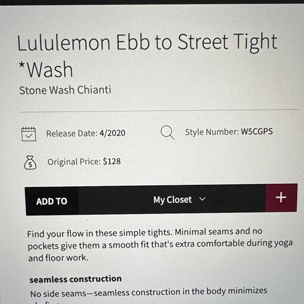 Lululemon Ebb to Street Tight *Wash Stone Wash Chianti Sz4 - Image 4