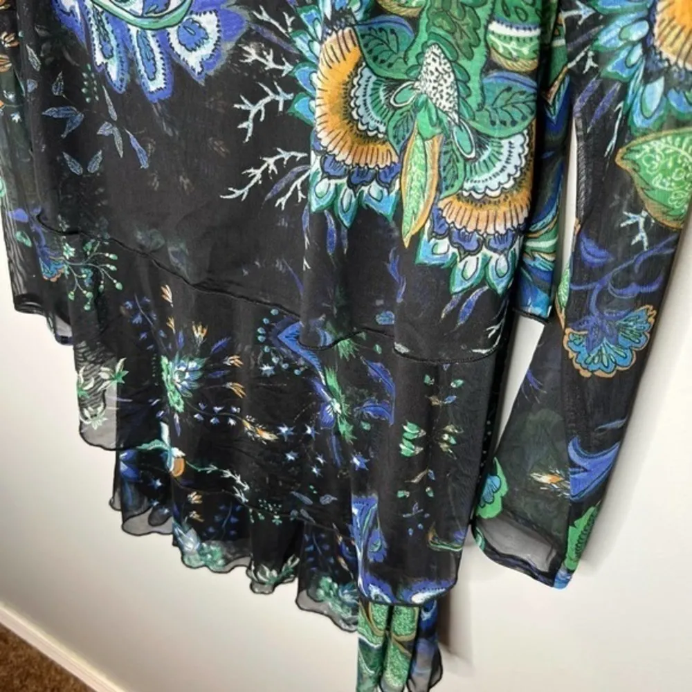 Desigual black floral tunic dress mesh sleeves green blue details size medium - Image 4