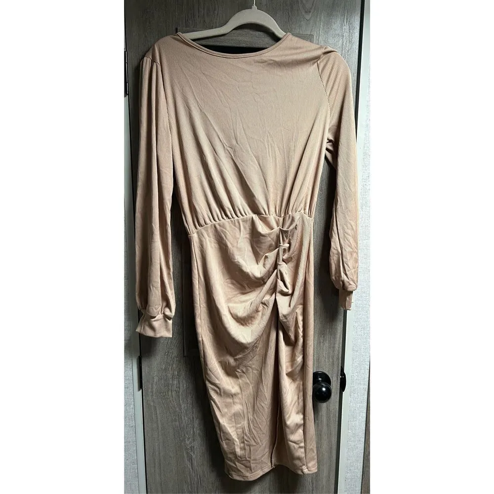 NEW Ruched Split Side Crewneck Ribbed Knit Midi Dress M Tan Size M - Image 3
