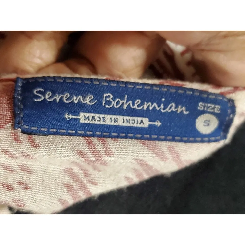 Serene Bohemian Flowy White & Maroon Round Neck Long Sleeve Top Blouse Size S - Image 9