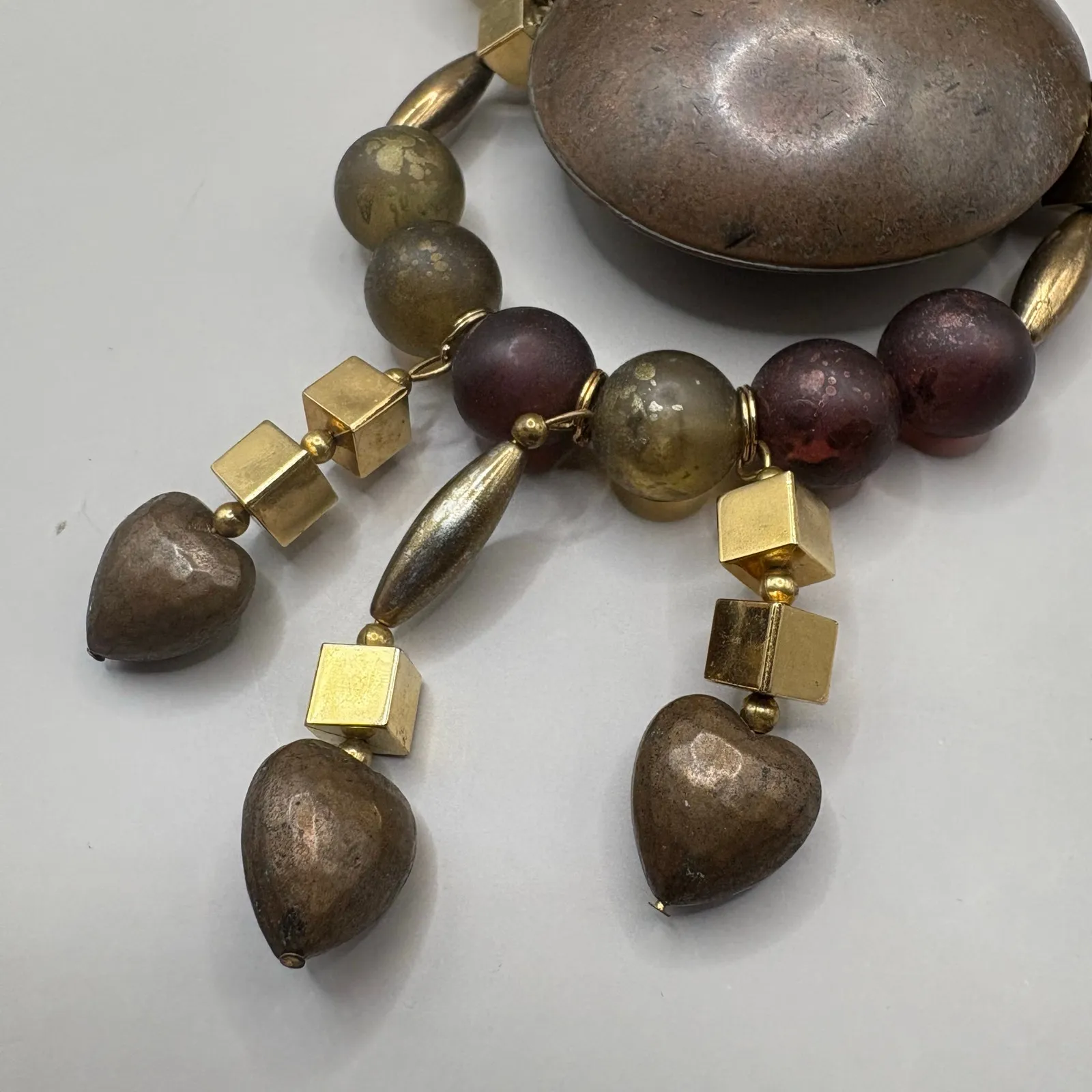 VTG Necklace Beaded Costume Statement Chunky Earthy Gold Tone Hearts Boho - Image 3