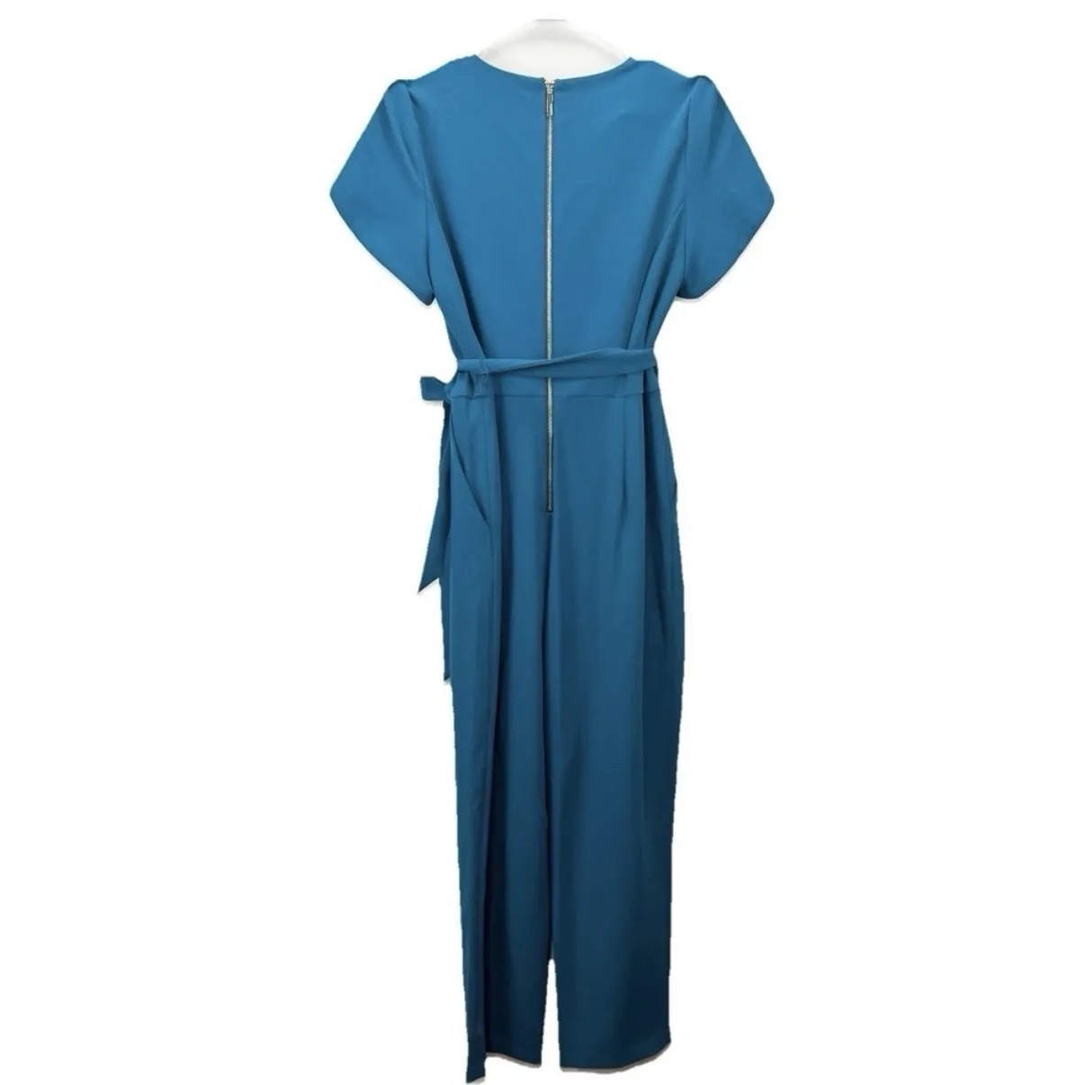 Calvin Klein Teal Tulip Sleeve Belted Stretch Crepe Cropped Leg Jumpsuit Size 10 - Image 7