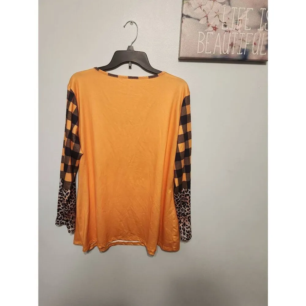 Orange Patchwork Halloween Print Long Sleeve Shirt Leopard Print 1x Black - Image 3