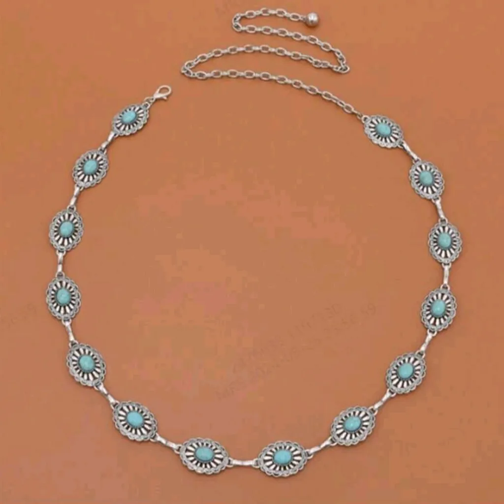 Turquoise Antiqued Style Silver Metal Belt With Carnelian Stone Inlay & Engraved Blue - Image 6