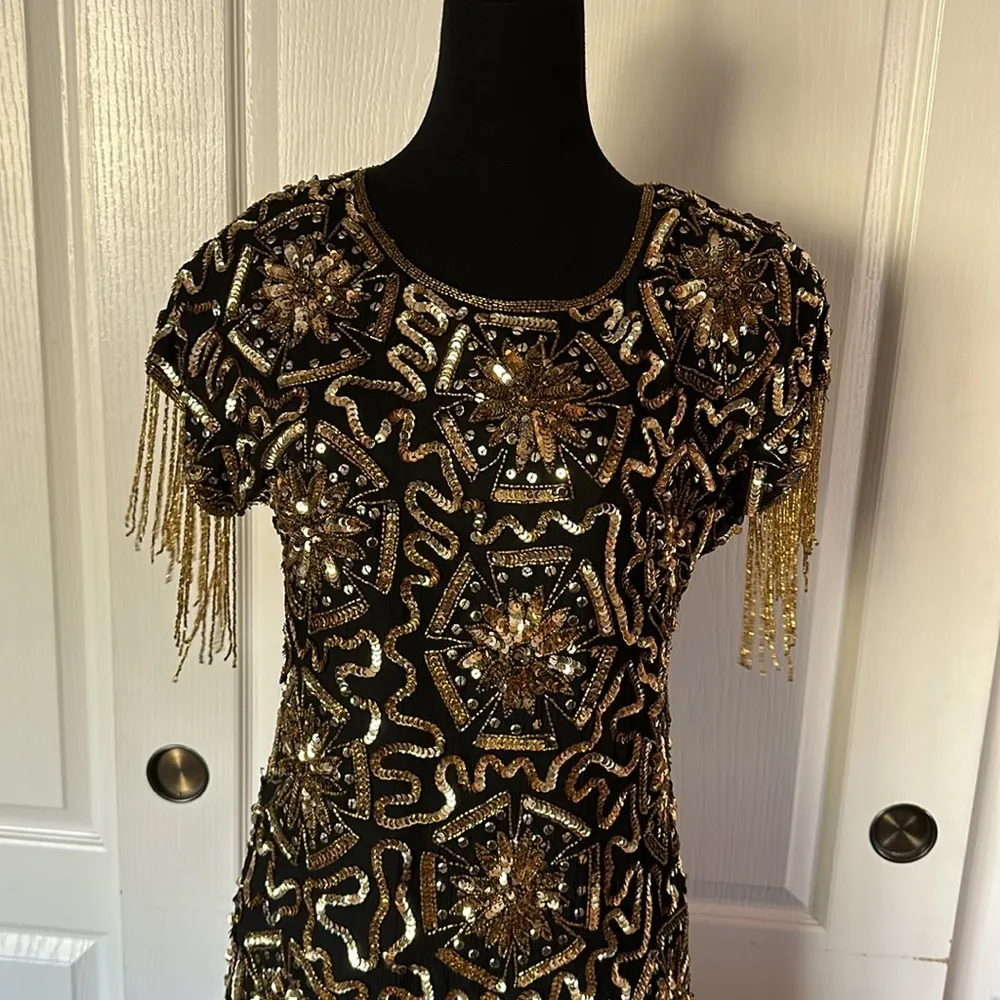 VTG CERVELLE SILK BLACK & GOLD SEQUIN BEADED FRINGE DRESS PARTY Holiday nye - Image 8