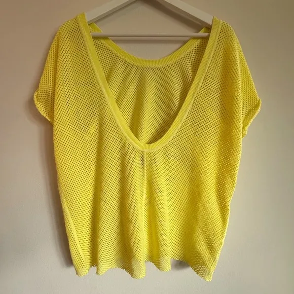 Free People FP Movement Yellow Mesh Top Athletic Tee Ruched Sleeve‎ Medium - Image 5